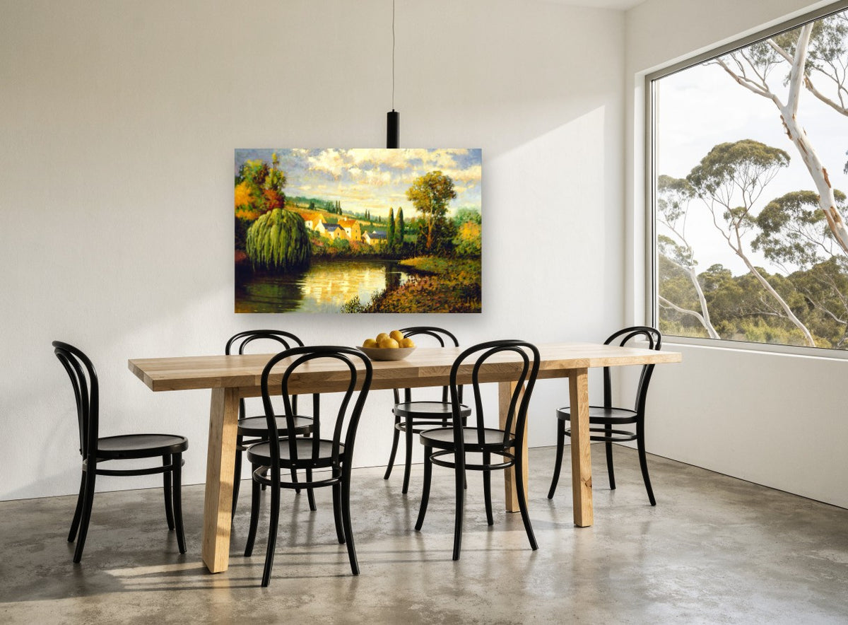 Willow Pond Farmhouses landscape canvas print on the wall of a dining room