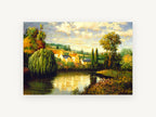 Willow Pond Farmhouses, willow pond village countryside scene, landscape canvas wall art print, front view