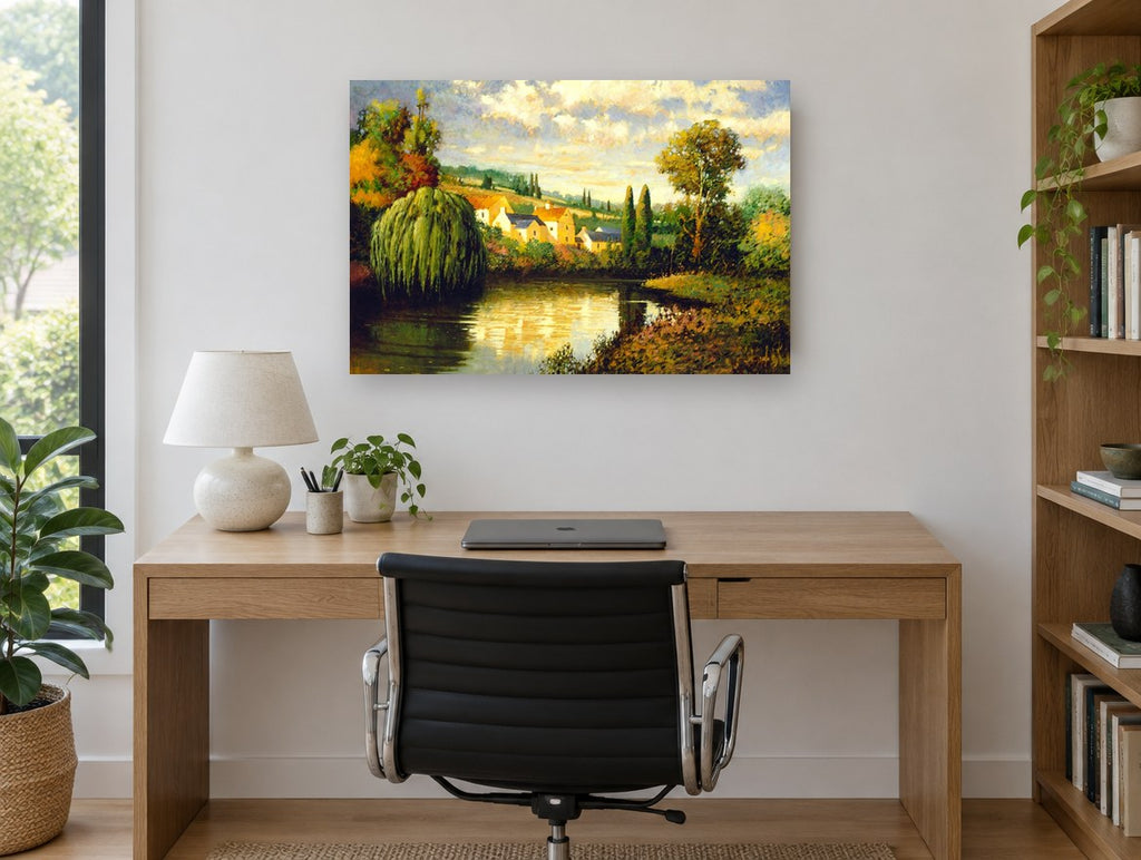 Willow Pond Farmhouses landscape canvas print on the wall of a study
