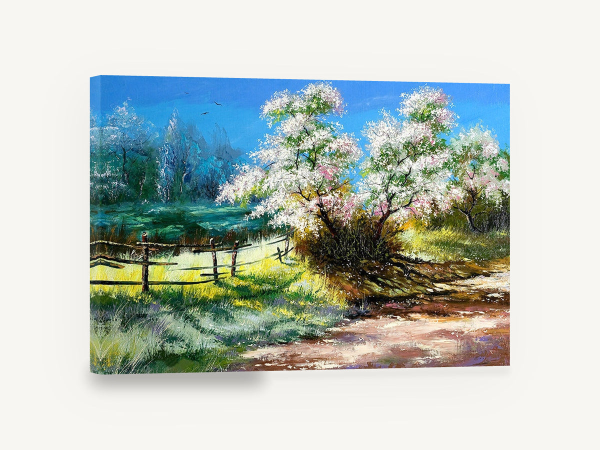 Blossom Lane in Spring, blossoming trees country lane painting, landscape canvas wall art print ready to hang