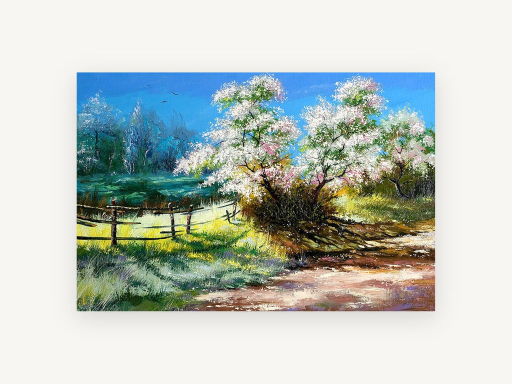 Blossom Lane in Spring, blossoming trees country lane painting, landscape canvas wall art print, front view