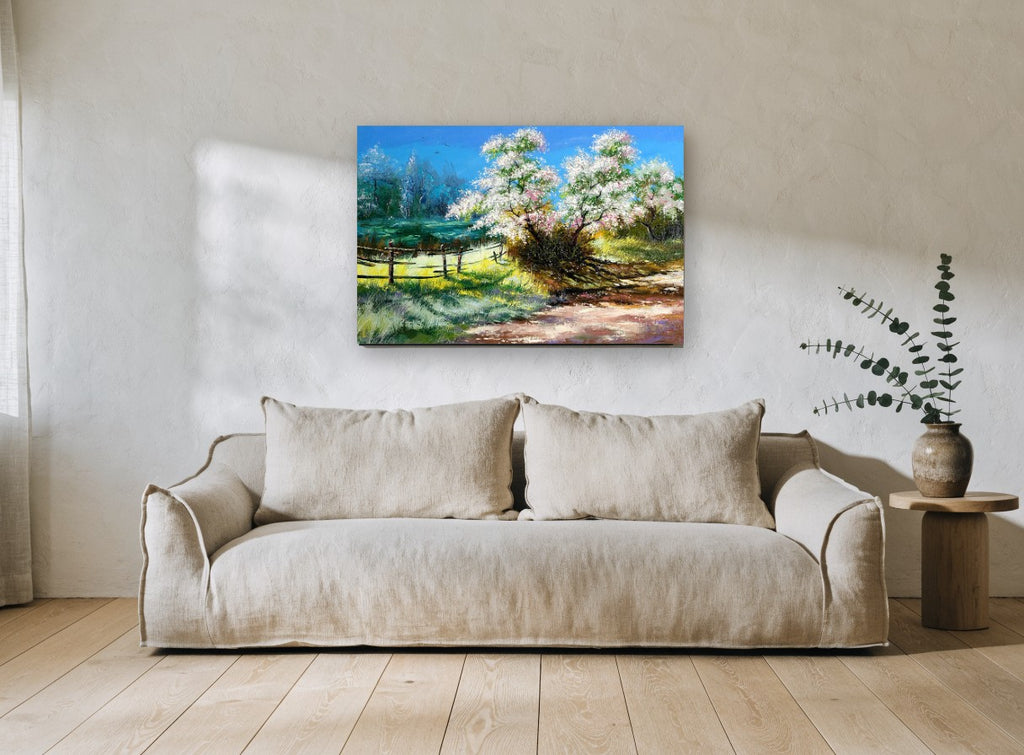 Blossom Lane in Spring landscape canvas print on the wall of a living room