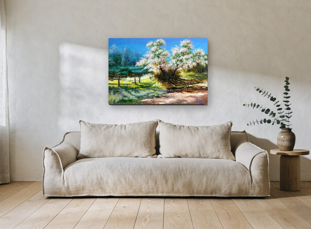 Blossom Lane in Spring landscape canvas print on the wall of a living room