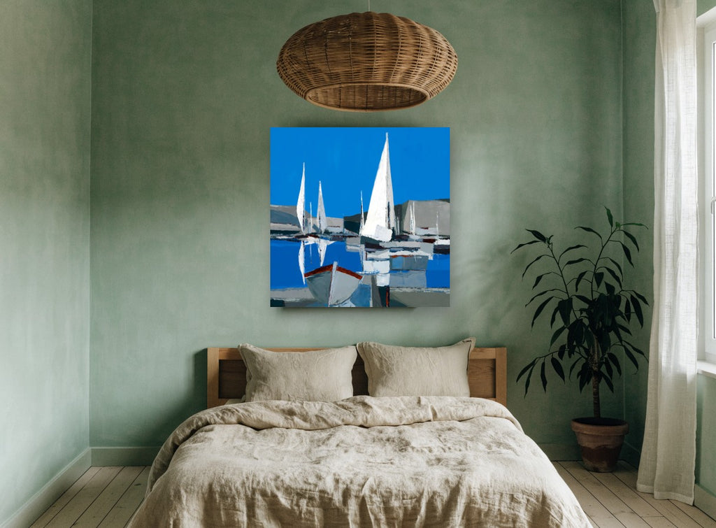 White Sails Harbour coastal canvas print on the wall of a bedroom