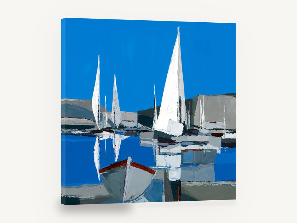 White Sails Harbour, white sailboats blue harbour painting, coastal canvas wall art print ready to hang