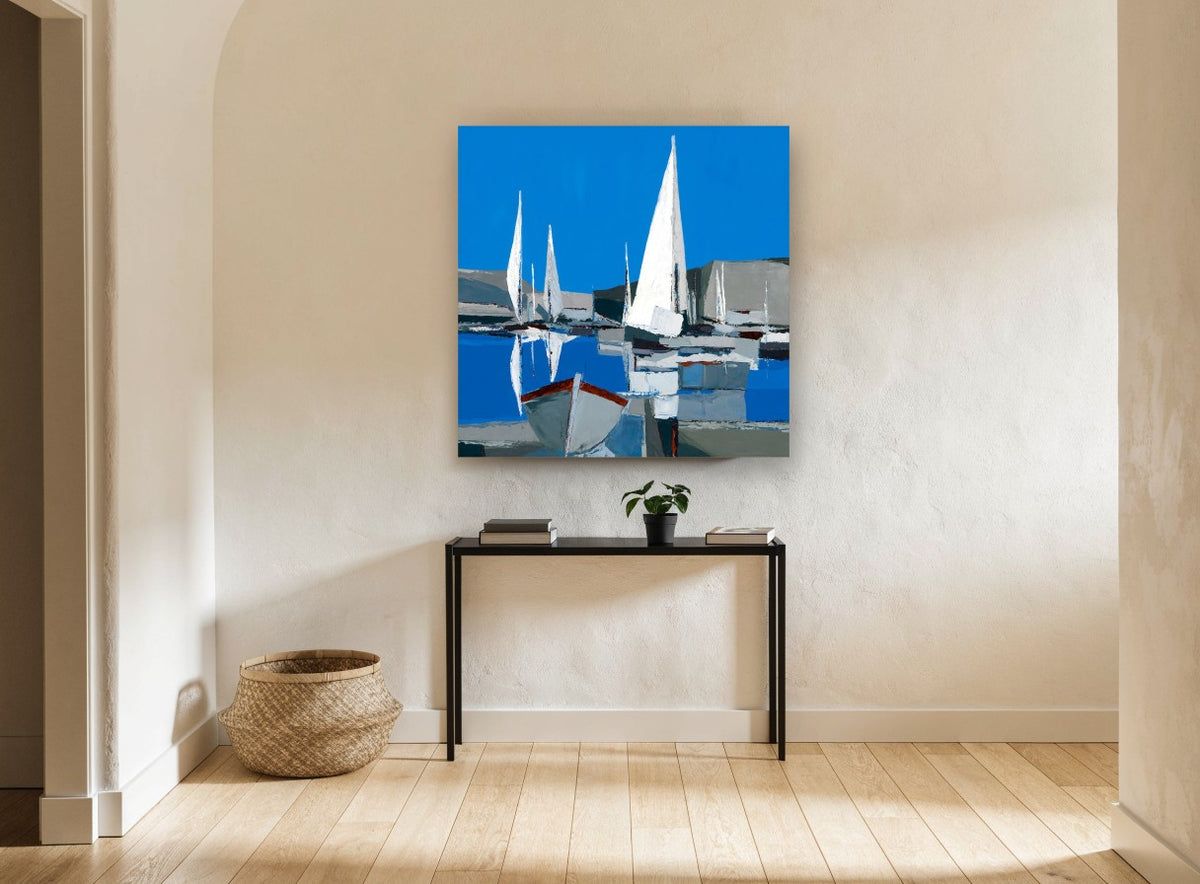 White Sails Harbour coastal canvas print on the wall of a hallway