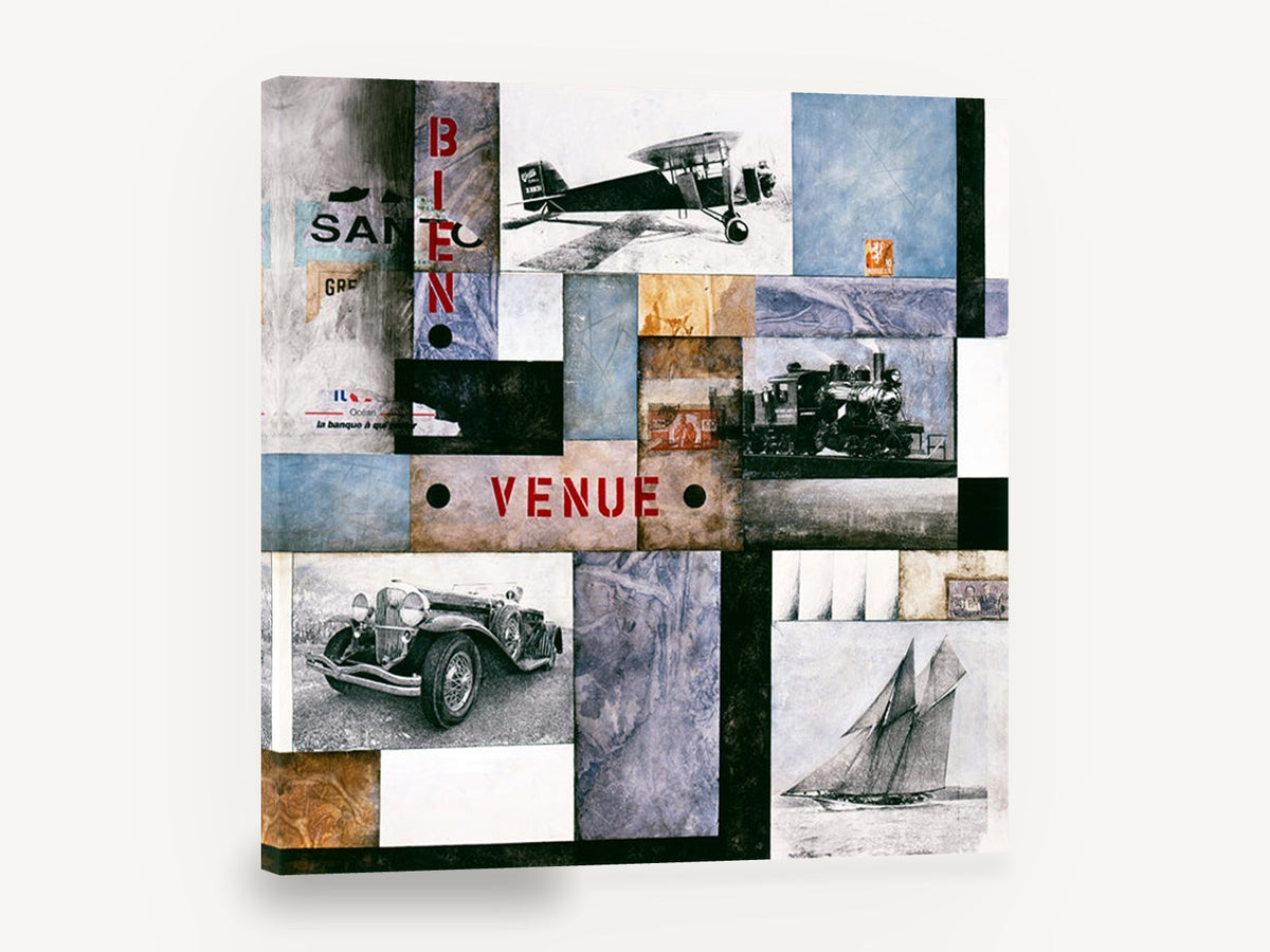 Bienvenue Transport Collage, vintage plane train car boat collage, stretched canvas wall art print ready to hang