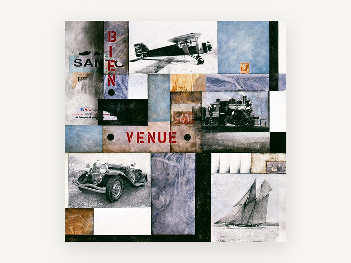 Bienvenue Transport Collage, vintage canvas wall art print, front view