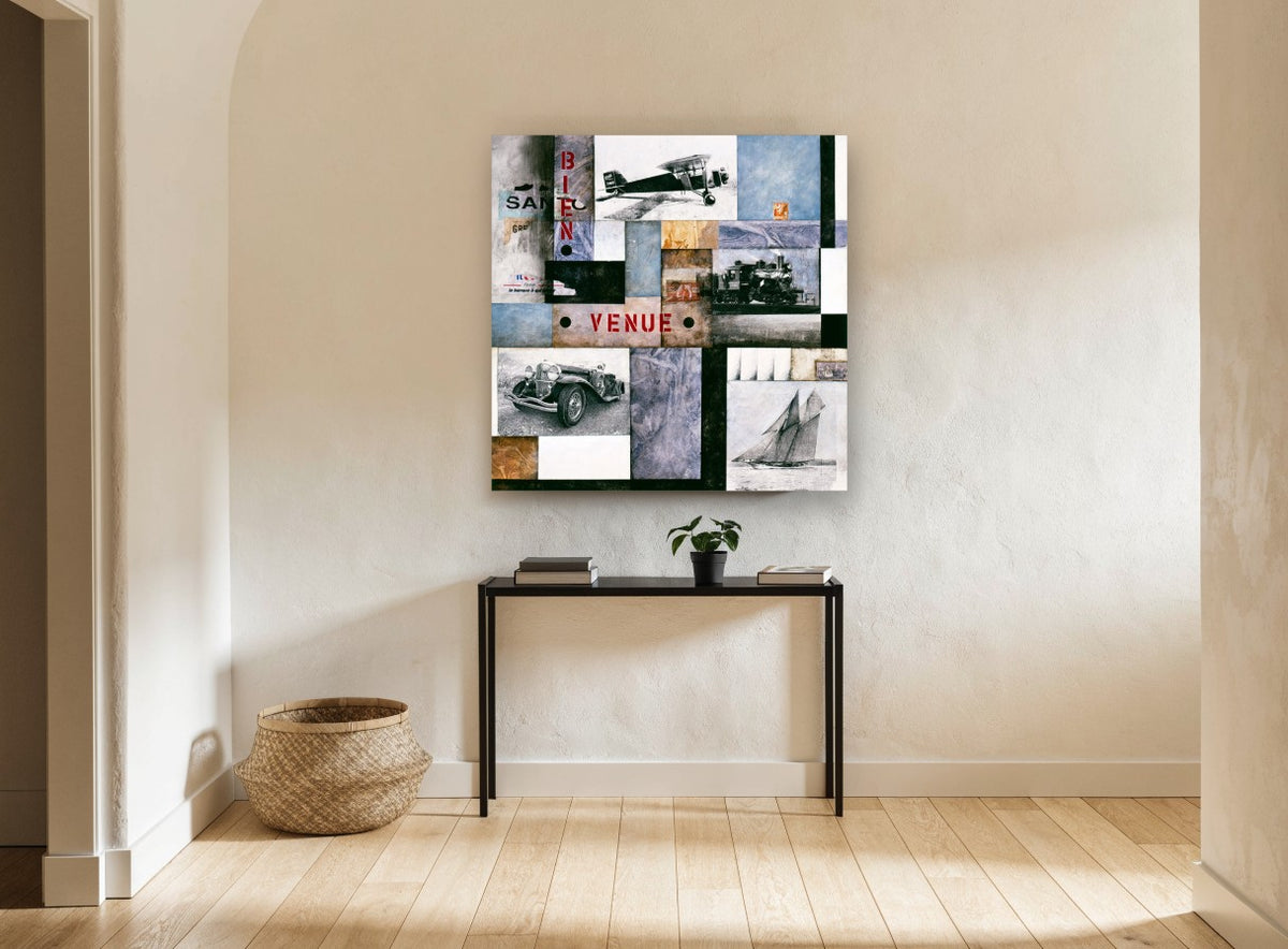 Bienvenue Transport Collage vintage canvas print on the wall of a hallway