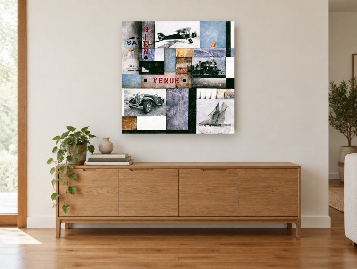 Bienvenue Transport Collage vintage canvas print on the wall of a living room above a sideboard