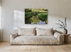 Still Creek Reeds landscape canvas print on the wall of a living room