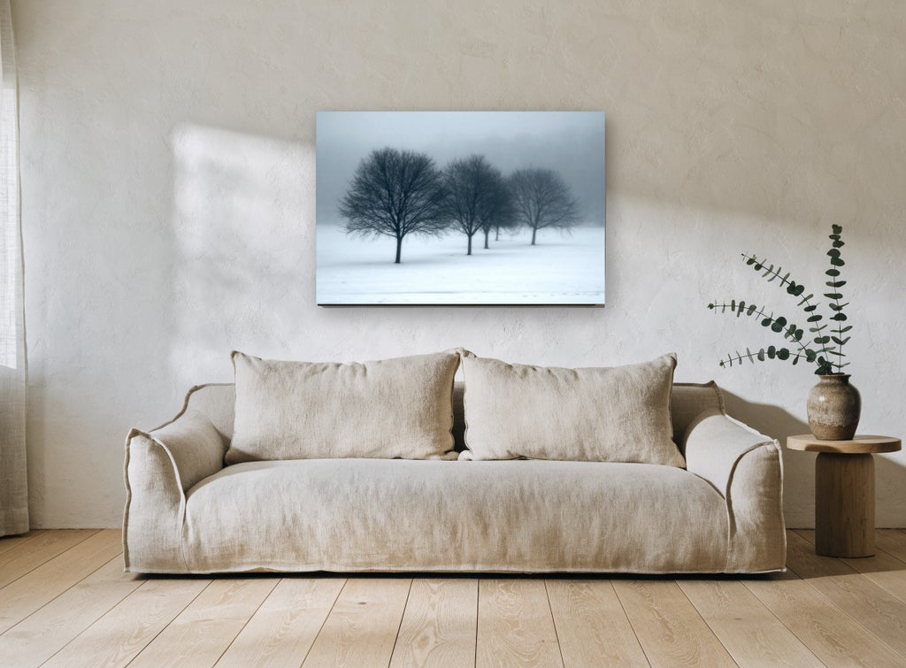 Winter Fog Row landscape canvas print on the wall of a living room