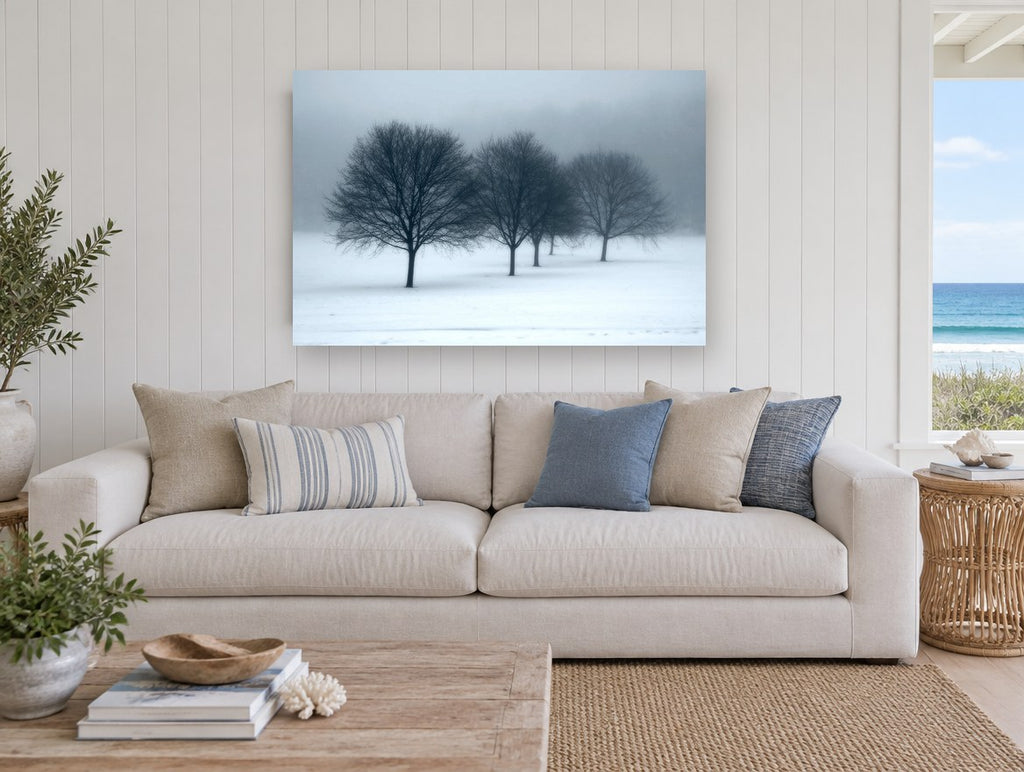 Winter Fog Row landscape canvas print on the wall of a beach house living room
