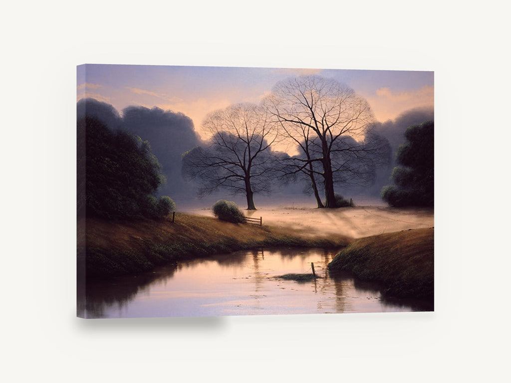 Dawn Mist Meadow, misty dawn trees river landscape, landscape canvas wall art print ready to hang