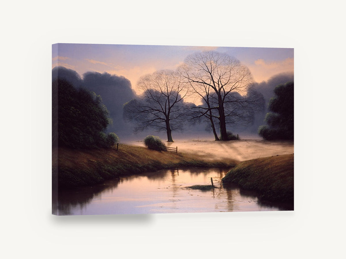 Dawn Mist Meadow, misty dawn trees river landscape, landscape canvas wall art print ready to hang