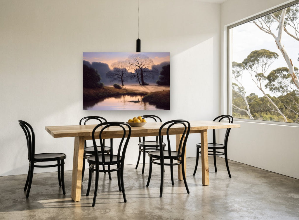 Dawn Mist Meadow landscape canvas print on the wall of a dining room