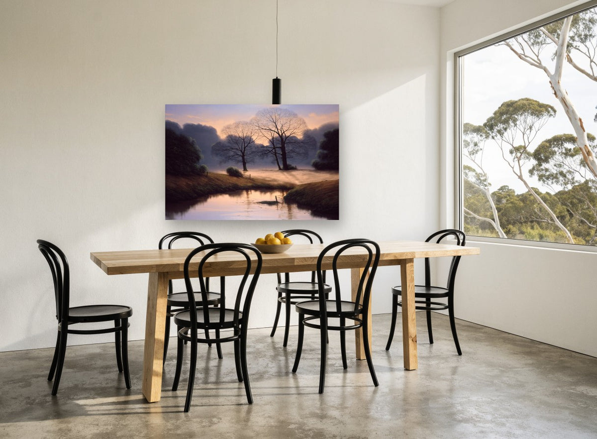 Dawn Mist Meadow landscape canvas print on the wall of a dining room