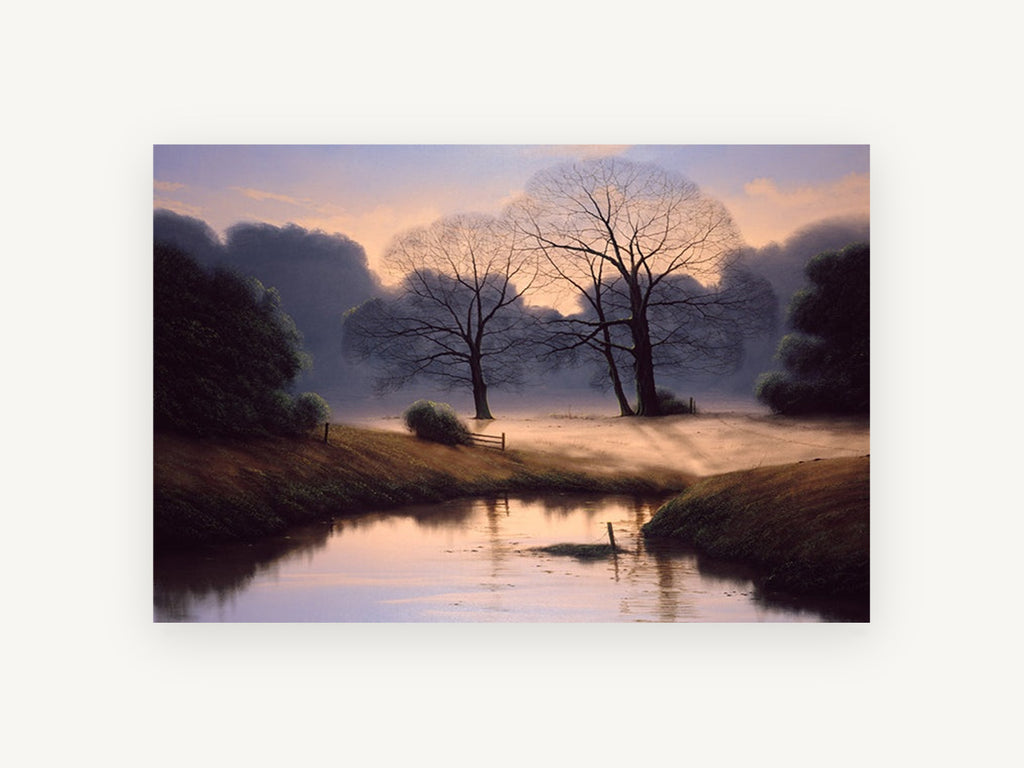 Dawn Mist Meadow, misty dawn trees river landscape, landscape canvas wall art print, front view