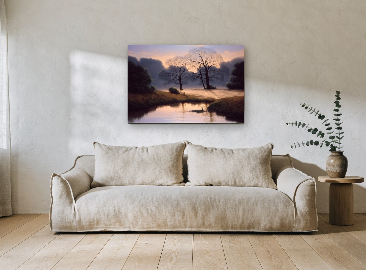 Dawn Mist Meadow landscape canvas print on the wall of a living room