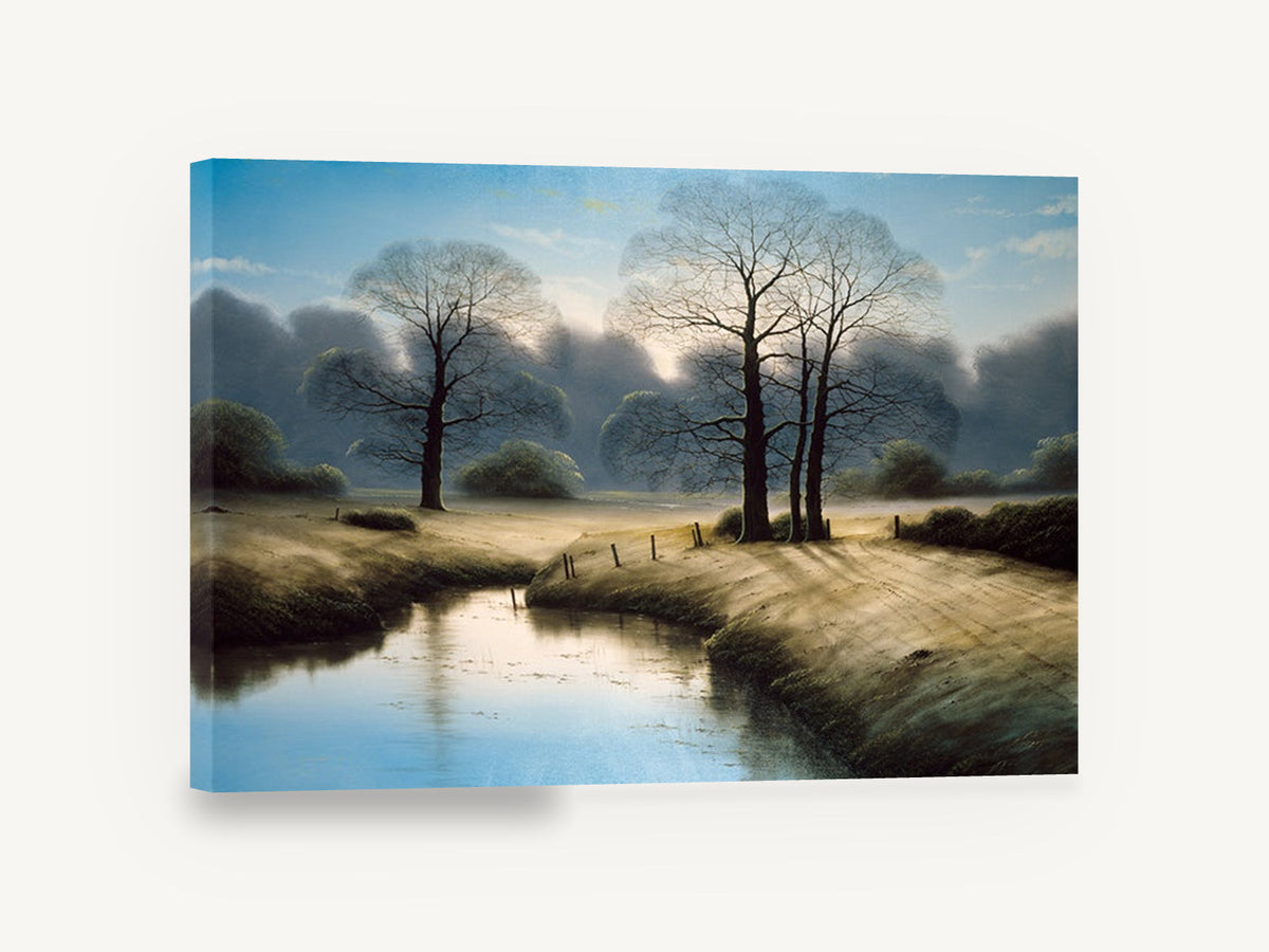 Frosted Dawn Meadow, bare trees misty meadow stream, landscape canvas wall art print ready to hang