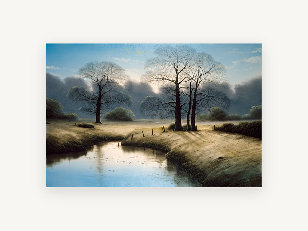 Frosted Dawn Meadow, bare trees misty meadow stream, landscape canvas wall art print, front view