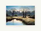 Frosted Dawn Meadow, bare trees misty meadow stream, landscape canvas wall art print, front view