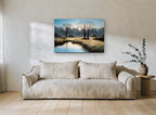 Frosted Dawn Meadow landscape canvas print on the wall of a living room