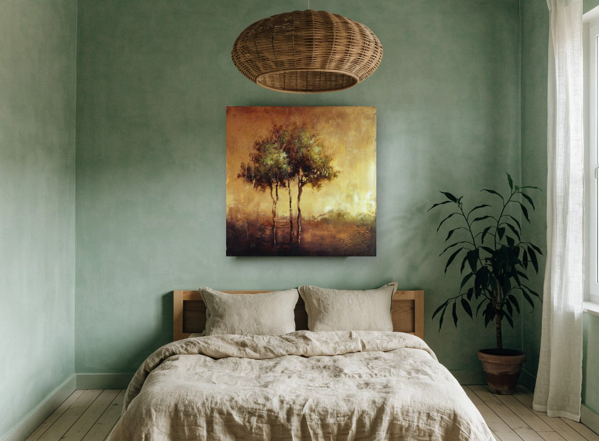 Amber Grove Reflection floral canvas print on the wall of a bedroom