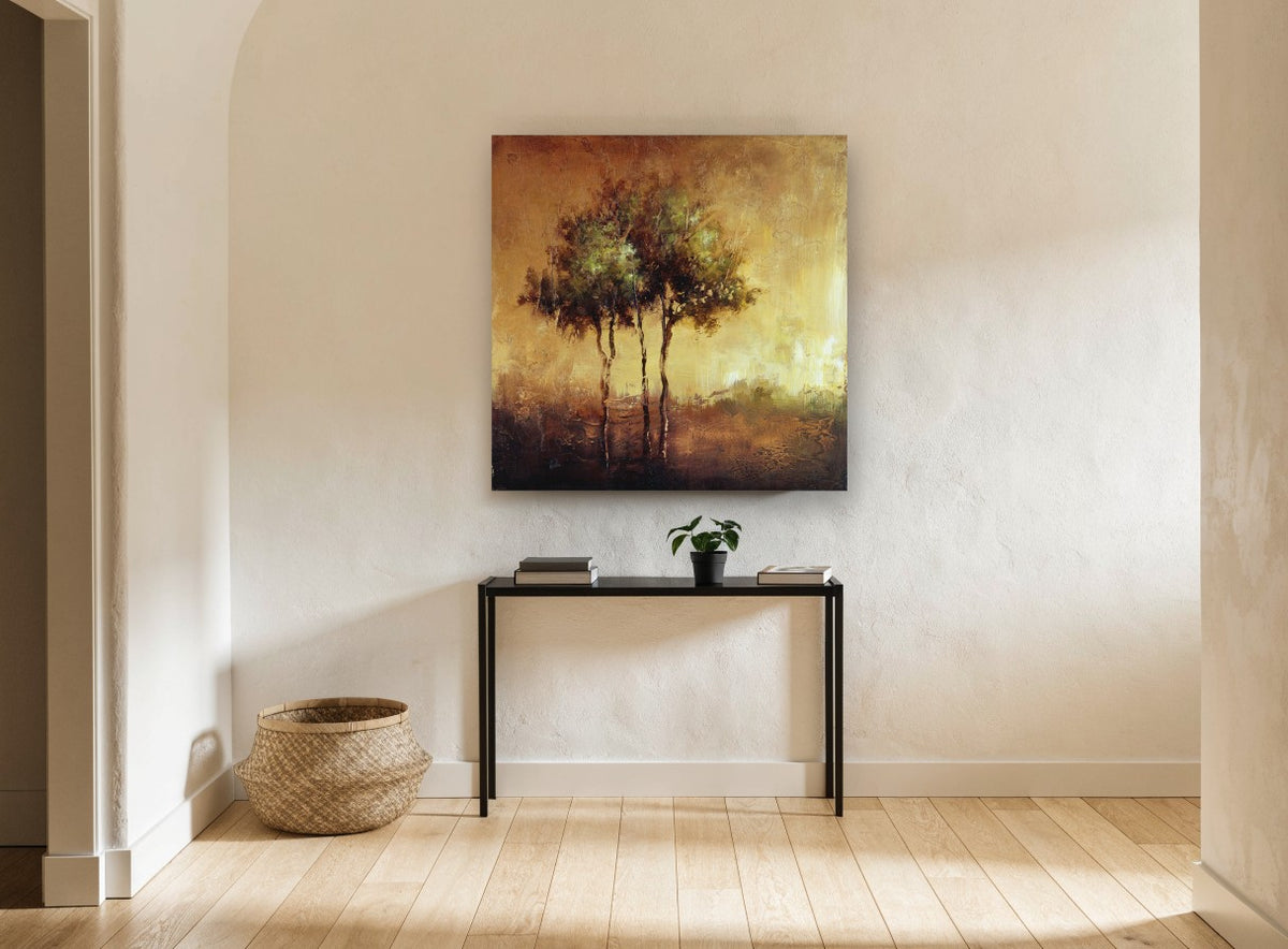 Amber Grove Reflection floral canvas print on the wall of a hallway