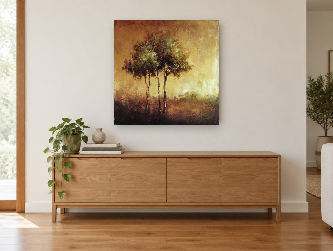 Amber Grove Reflection floral canvas print on the wall of a living room above a sideboard