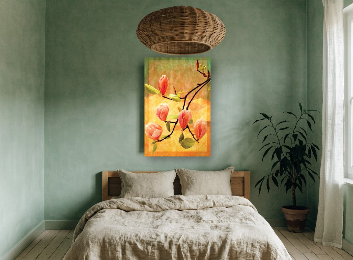 Magnolia Sunset Branch floral canvas print on the wall of a bedroom