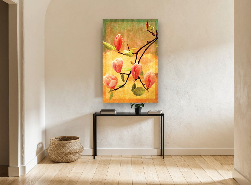 Magnolia Sunset Branch floral canvas print on the wall of a hallway