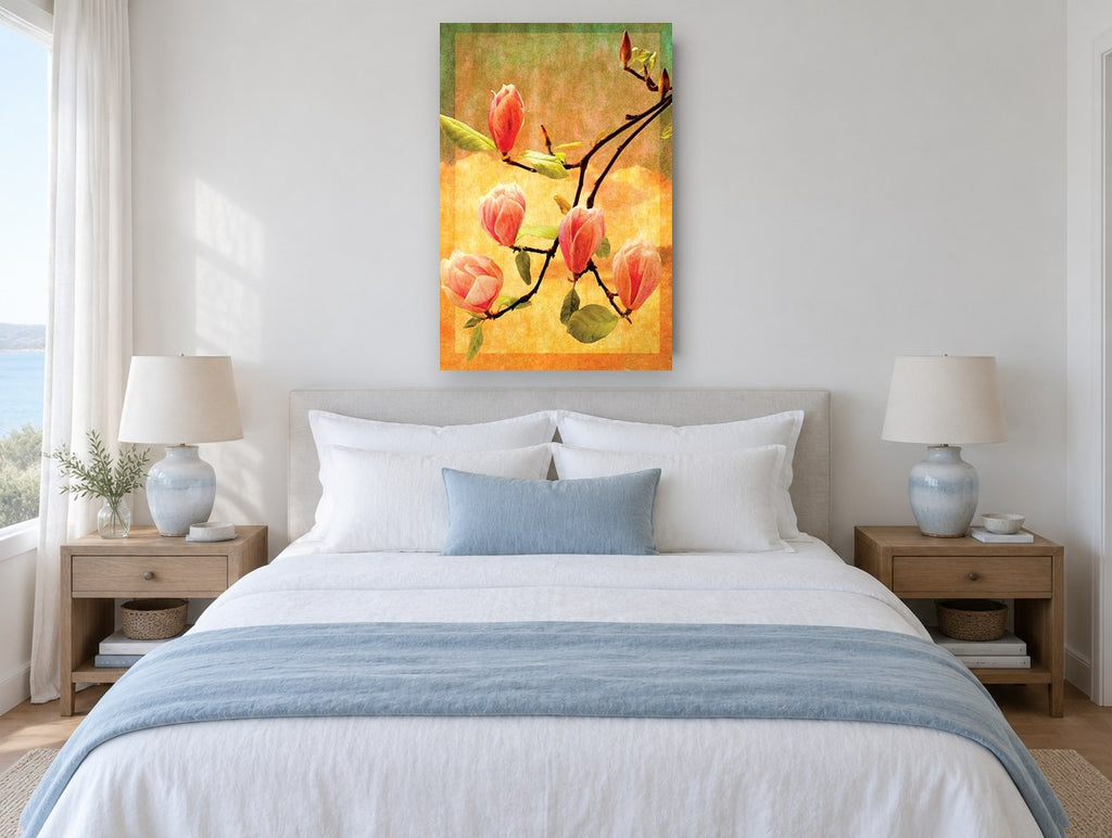 Magnolia Sunset Branch floral canvas print on the wall of a coastal bedroom