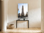 Flatiron Looking Up city canvas print on the wall of a hallway