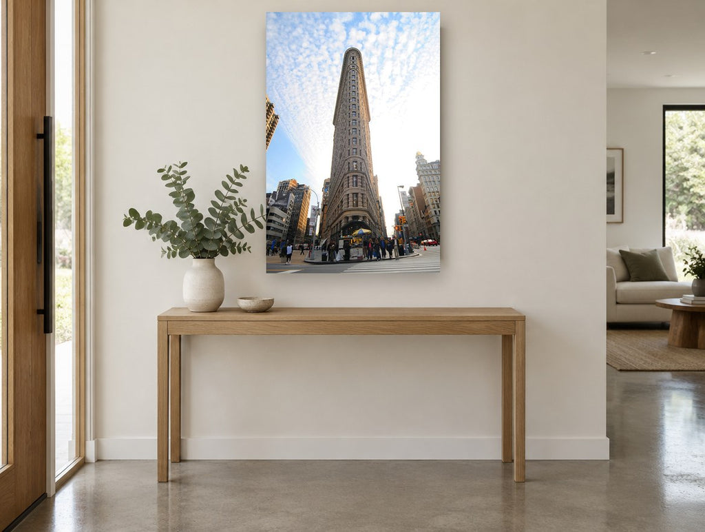 Flatiron Looking Up city canvas print on the wall of a entry hall