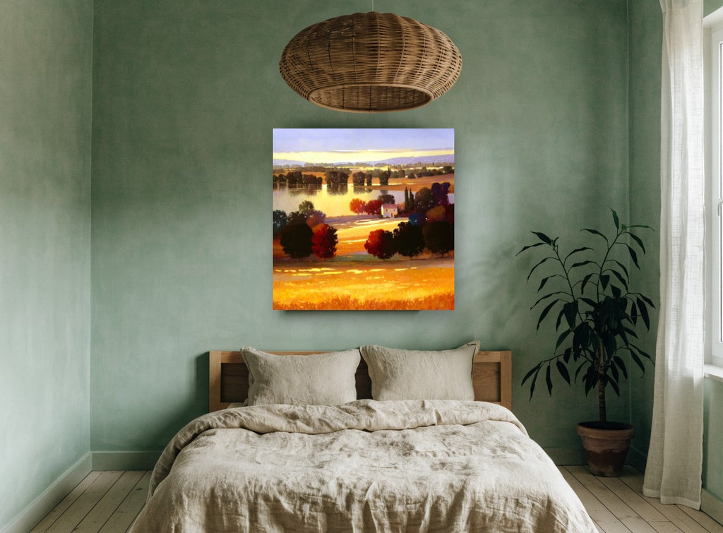Golden Lakeside Farmhouse landscape canvas print on the wall of a bedroom