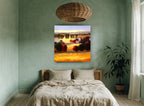 Golden Lakeside Farmhouse landscape canvas print on the wall of a bedroom