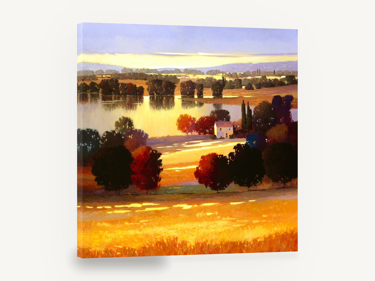 Golden Lakeside Farmhouse, autumn lakeside farmhouse landscape art, landscape canvas wall art print ready to hang