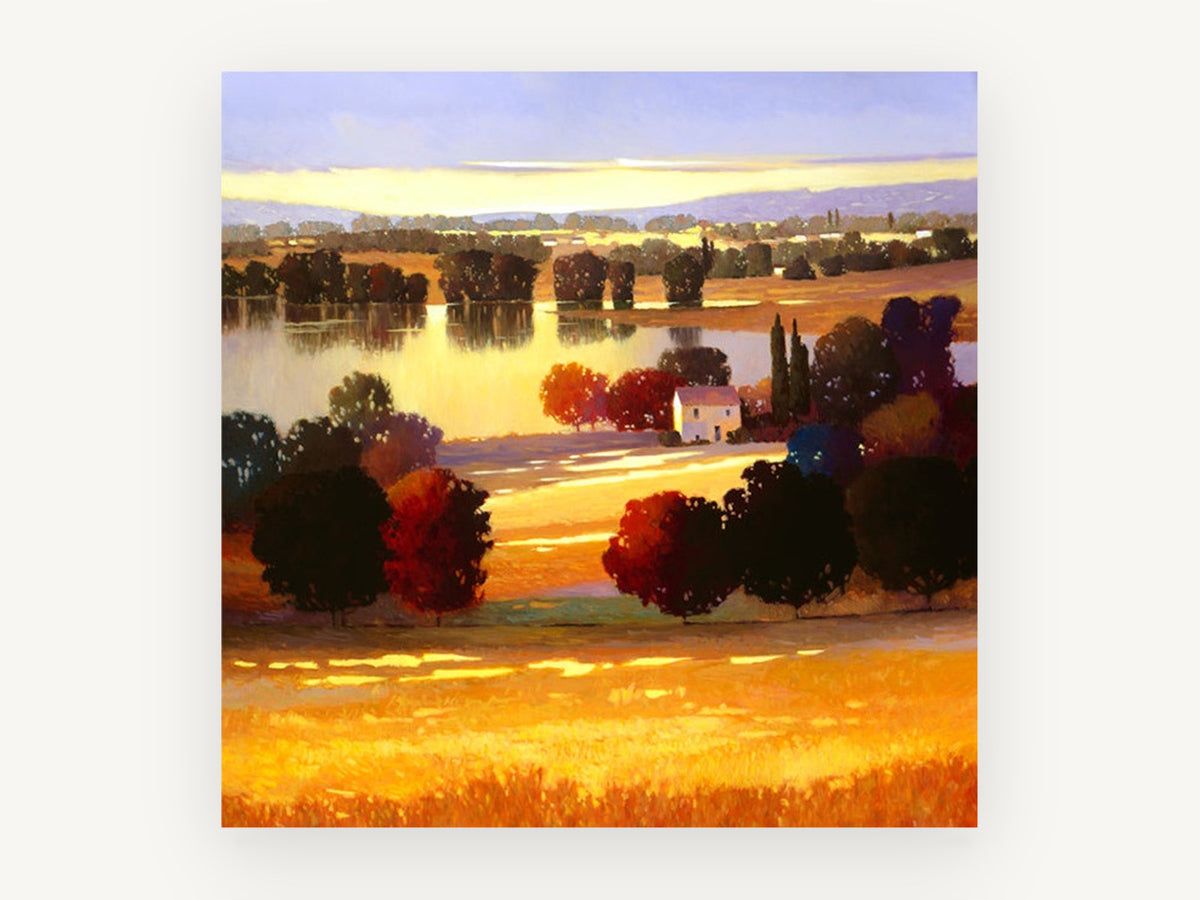 Golden Lakeside Farmhouse, autumn lakeside farmhouse landscape art, landscape canvas wall art print, front view