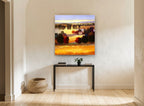 Golden Lakeside Farmhouse landscape canvas print on the wall of a hallway
