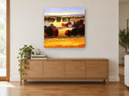 Golden Lakeside Farmhouse landscape canvas print on the wall of a living room above a sideboard