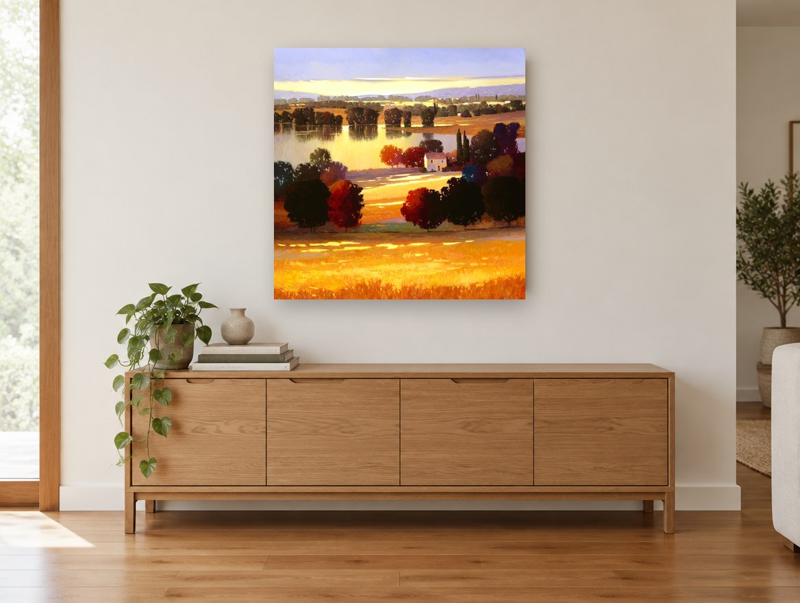 Golden Lakeside Farmhouse landscape canvas print on the wall of a living room above a sideboard