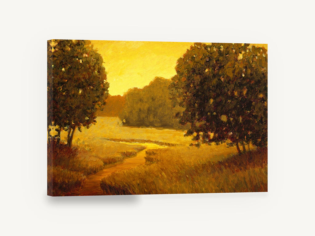 Amber Path at Dusk, golden meadow path landscape painting, landscape canvas wall art print ready to hang