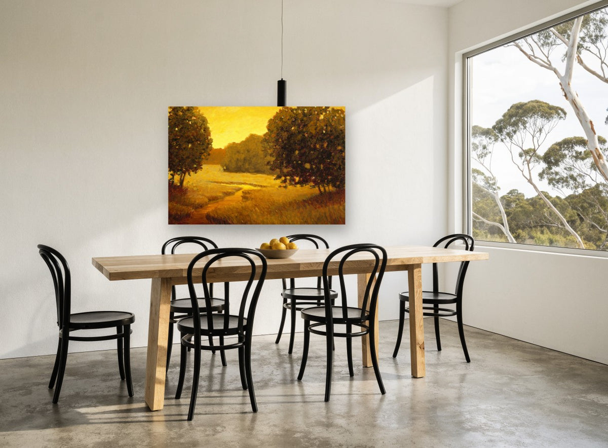 Amber Path at Dusk landscape canvas print on the wall of a dining room