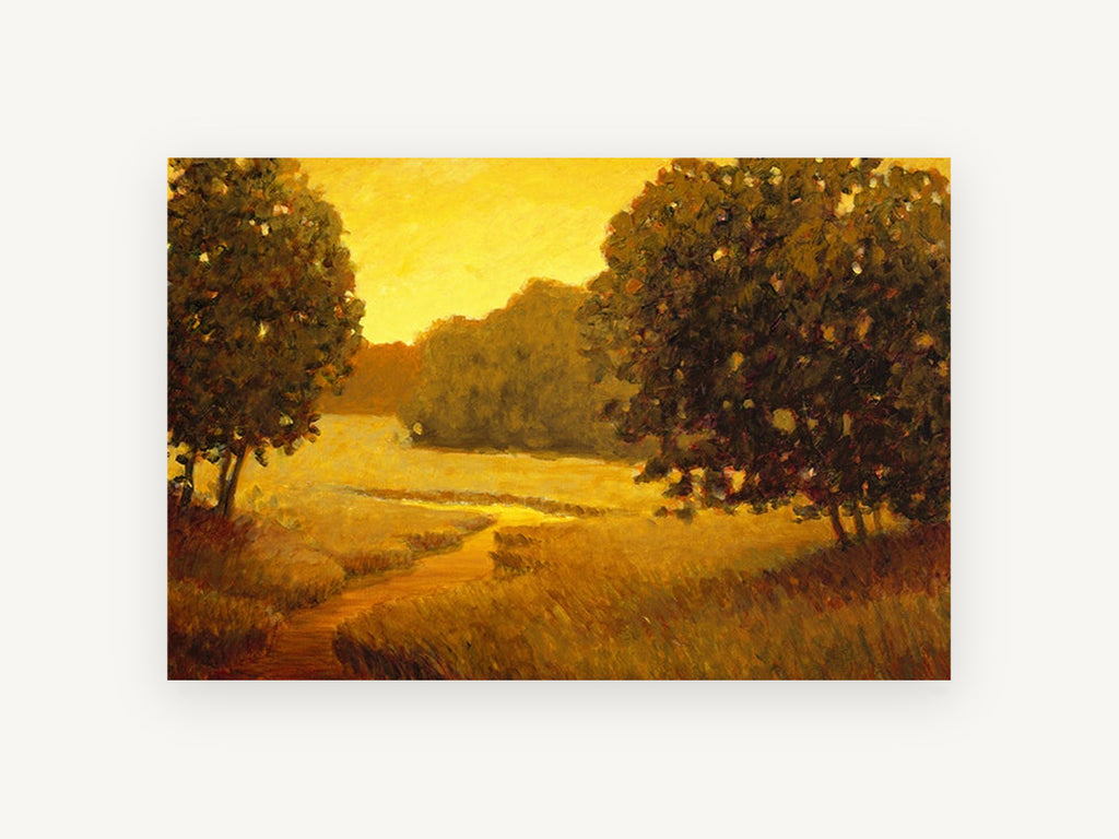 Amber Path at Dusk, golden meadow path landscape painting, landscape canvas wall art print, front view