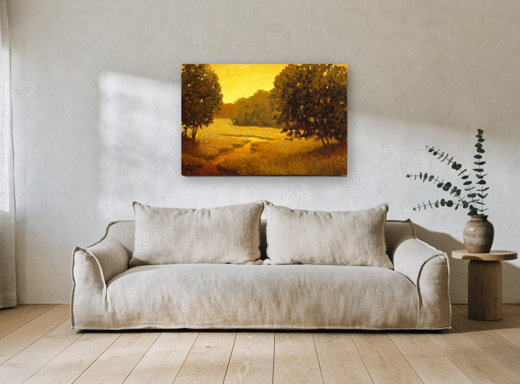 Amber Path at Dusk landscape canvas print on the wall of a living room