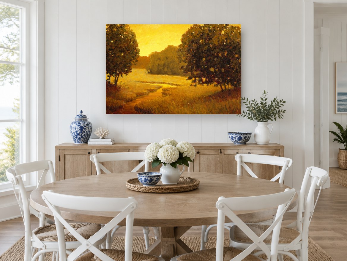 Amber Path at Dusk landscape canvas print on the wall of a Hamptons dining room
