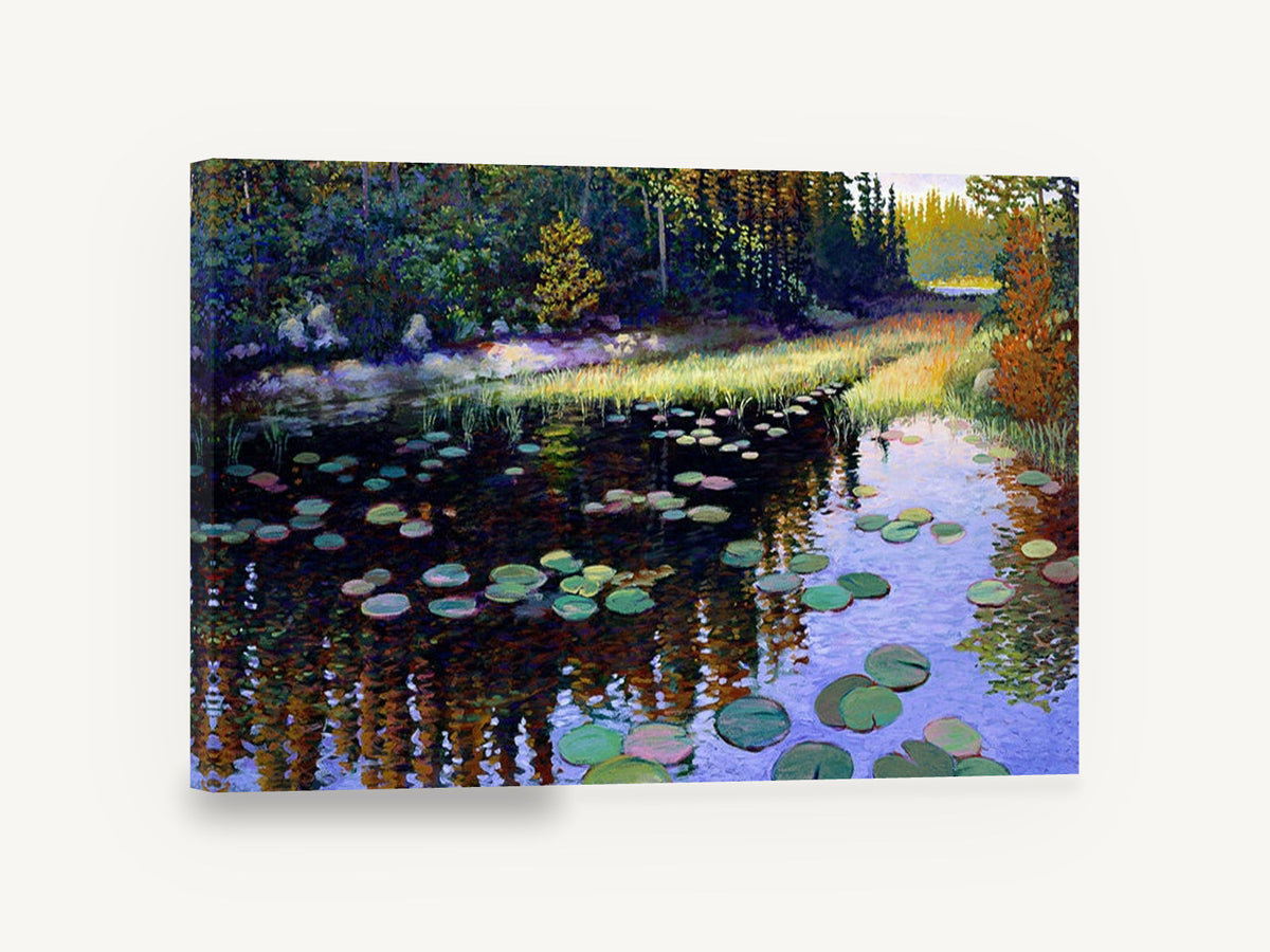 Lily Pond Reflections, lily pad pond forest painting, landscape canvas wall art print ready to hang
