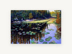 Lily Pond Reflections, lily pad pond forest painting, landscape canvas wall art print, front view