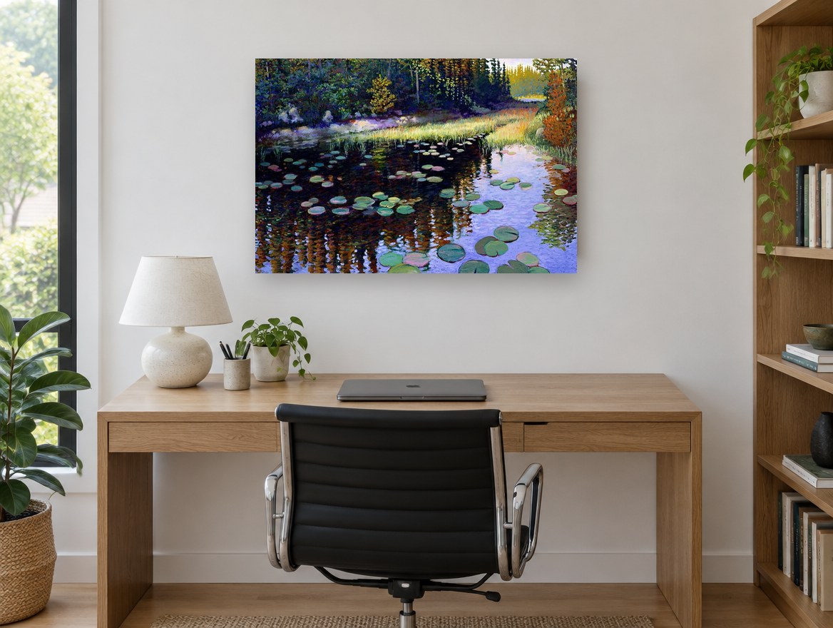 Lily Pond Reflections landscape canvas print on the wall of a study
